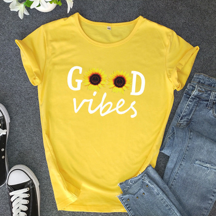 Letter & Sunflower Print Ladies Short Sleeve O-Neck Loose T-Shirt. Printed,Round Neck,Shoulders,top