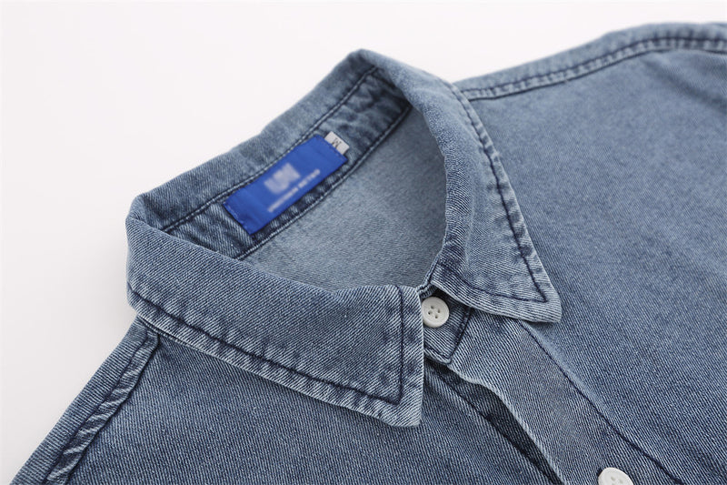Floral Embroidery Denim Washed Long Sleeve Shirt Coat Loose Casual Polo Collar Top