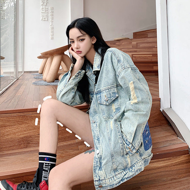 European And American Fashion Back Dinosaur Patch Couple Denim Jacket