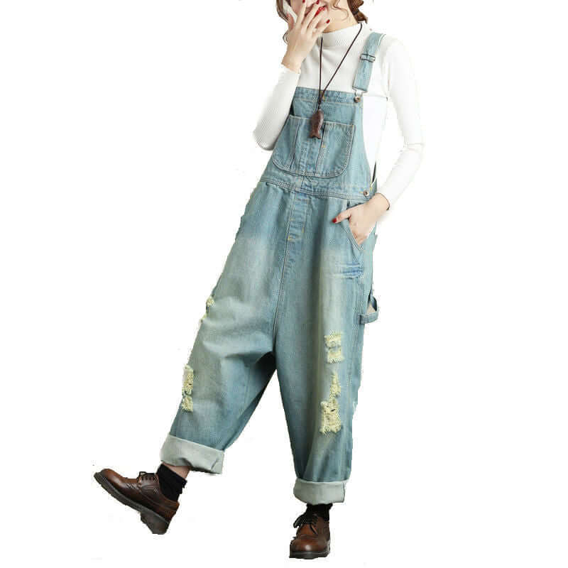 Vintage Art Loose Denim Suspenders Large Size Ripped Jumpsuit. Cotton,Denim,Jumpsuit