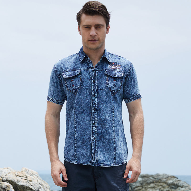 Men's Short Sleeve Denim Shirt Nostalgic Military Shirt. Denim,Shirt,Short Sleeve