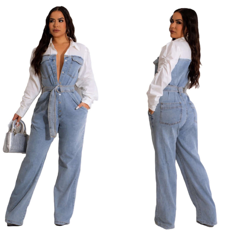 Casual Denim Stitching Plus Size Jumpsuit. Cotton,Denim,Jumpsuit