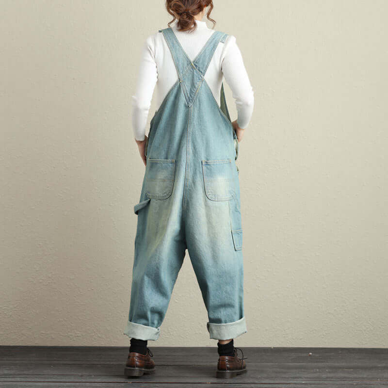 Vintage Art Loose Denim Suspenders Large Size Ripped Jumpsuit. Cotton,Denim,Jumpsuit