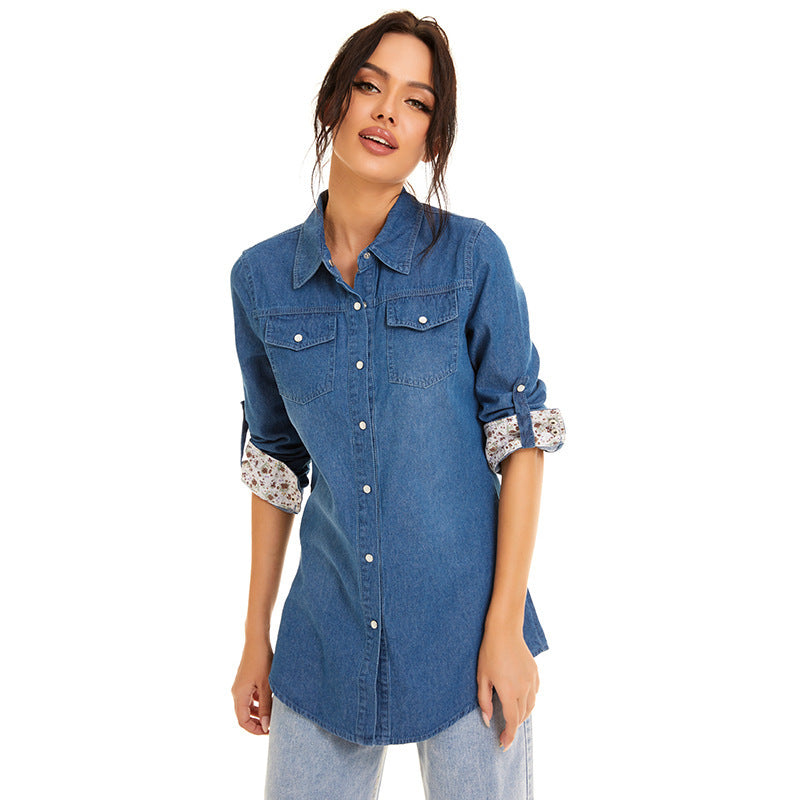 Women's New Denim Mid-Length Floral Stitching Denim Shirt Jacket