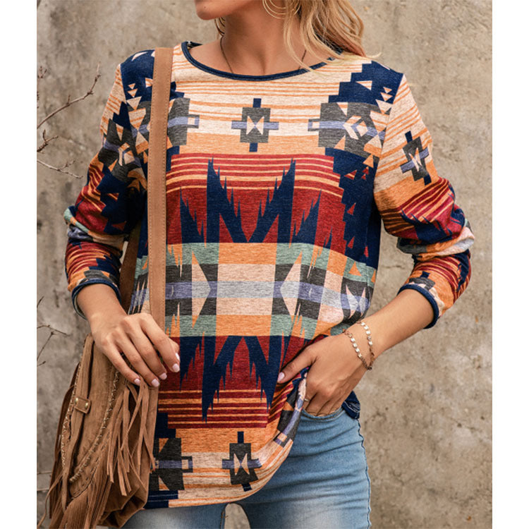 Spring New Women's Ethnic Style Long Sleeve T-shirt Women. Long Sleeve,T-Shirt