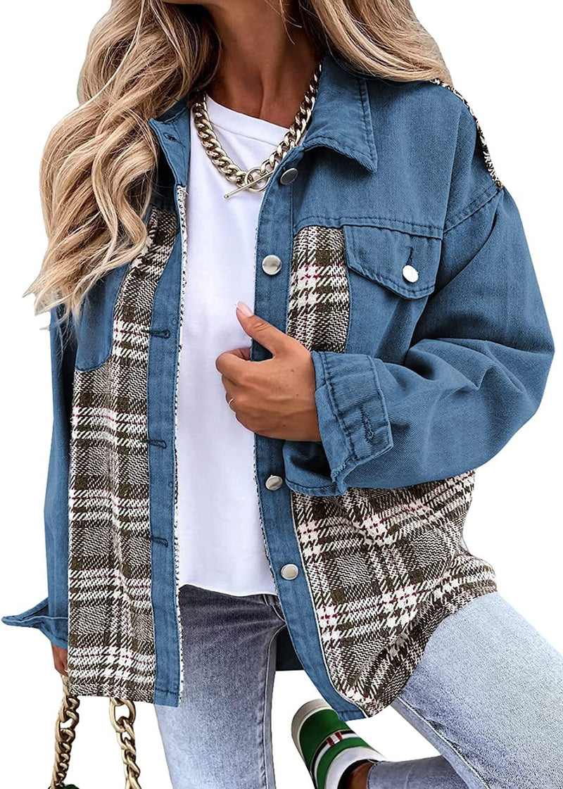 Denim Jacket Long Sleeve Plaid Button Down Shirt. Cotton,Denim,Jacket