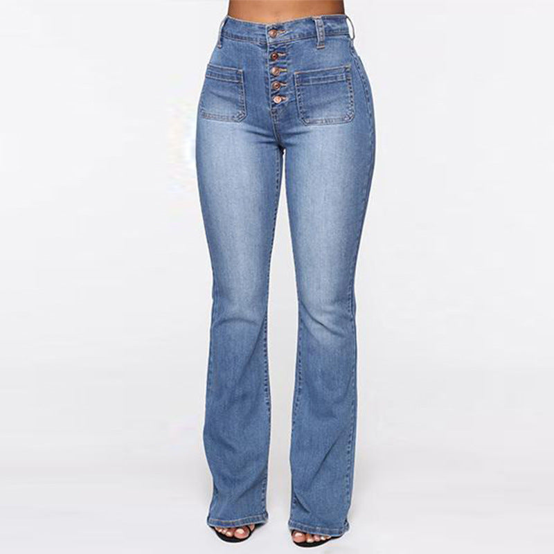 Plus Size Jeans Women Patch Pocket Washed Ladies High Waist Denim Trousers.