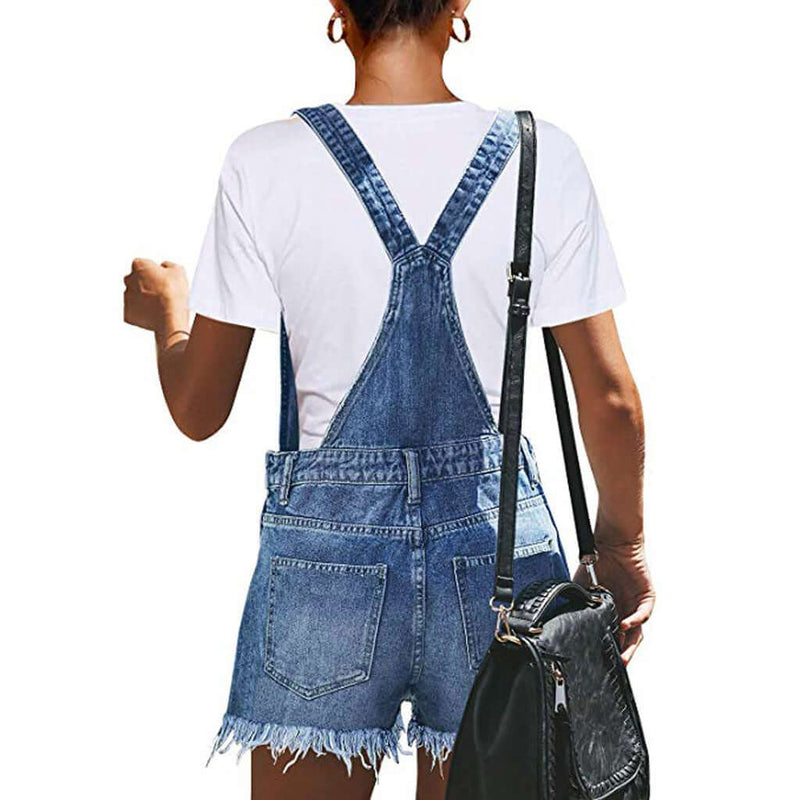 European And American Ripped Suspender Denim Hole Jumpsuit. Cotton,Denim,Jumpsuit