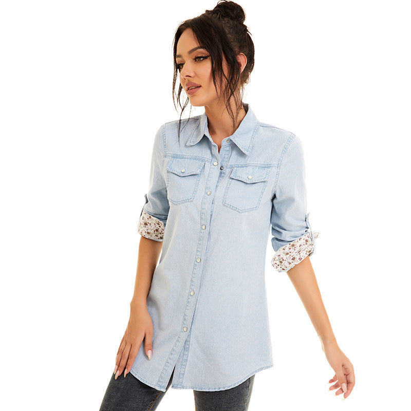 Women's New Denim Mid-Length Floral Stitching Denim Shirt Jacket