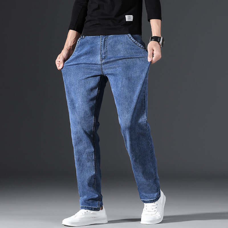 Men's Business Casual High Waist Stretch Jeans Simple Fashion Straight Loose Jeans. Cotton,Denim,Jeans,Straight