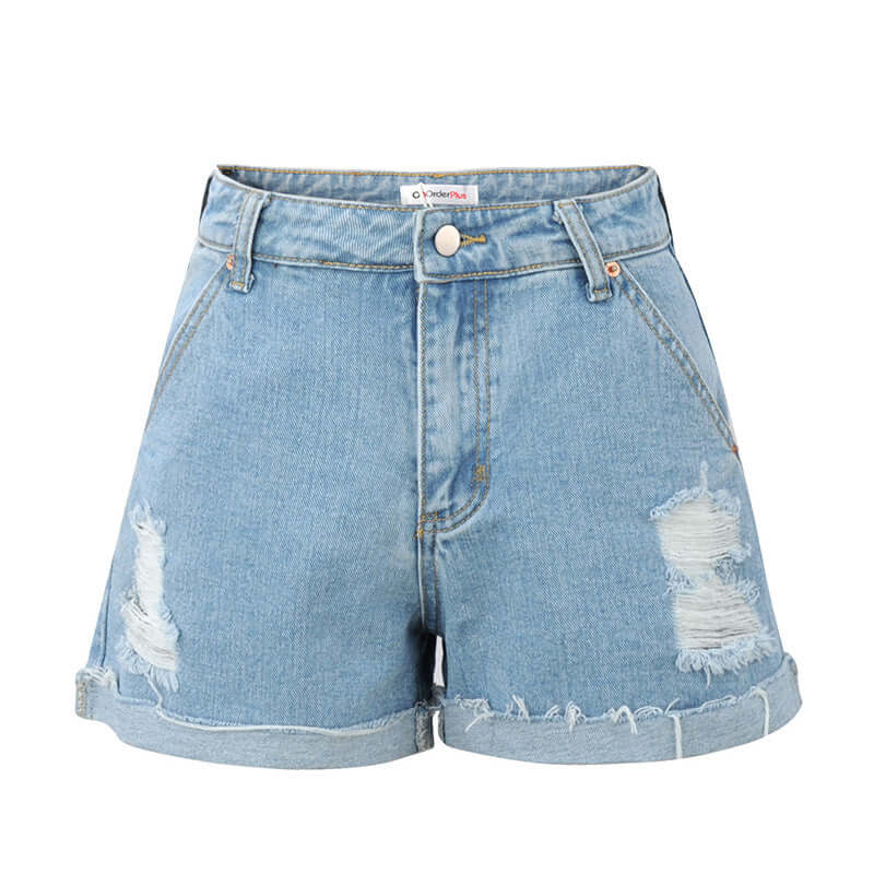 Casual Temperament Denim Rotten Edge High Waist Washed Denim Shorts. Cotton,Denim,Shorts