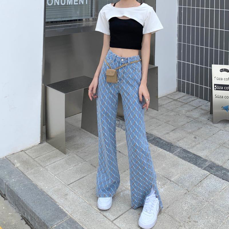 Retro Hong Kong Style High Waist Thin Wide Leg Pants Ladies Jeans.