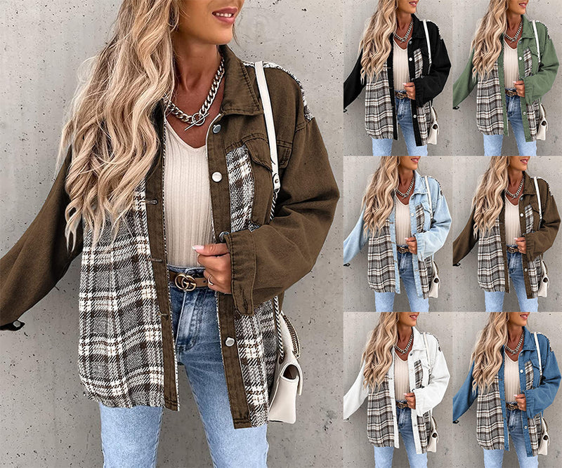 Denim Jacket Long Sleeve Plaid Button Down Shirt. Cotton,Denim,Jacket