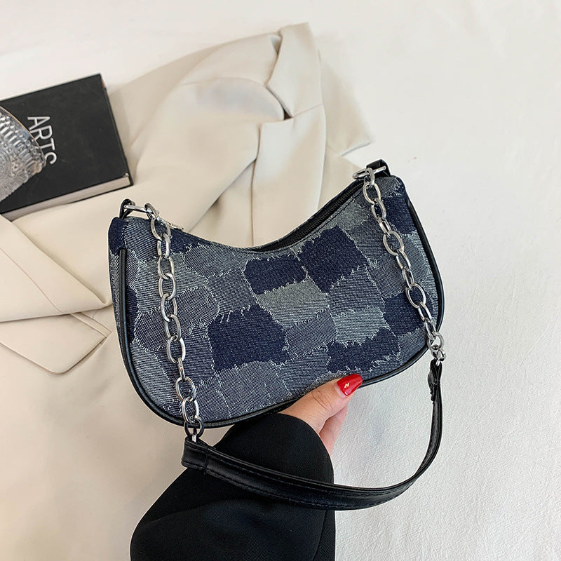 Denim Shoulder Bag Simple Plaid Patchwork Underarm Bag Women. Bag,Cotton,Denim