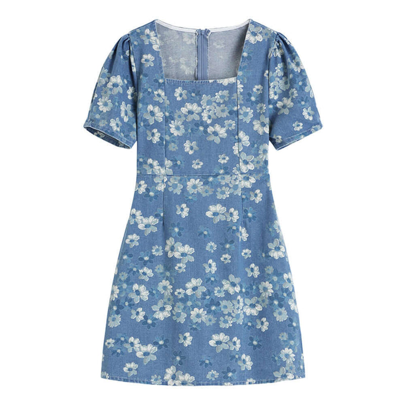 Women's Small Floral Blue Denim Skirt Dress