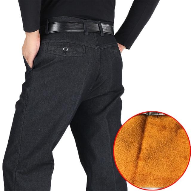 Men's Stretch High Waist Thickened Fleece Jeans. Cotton,Denim,Jeans,Lined