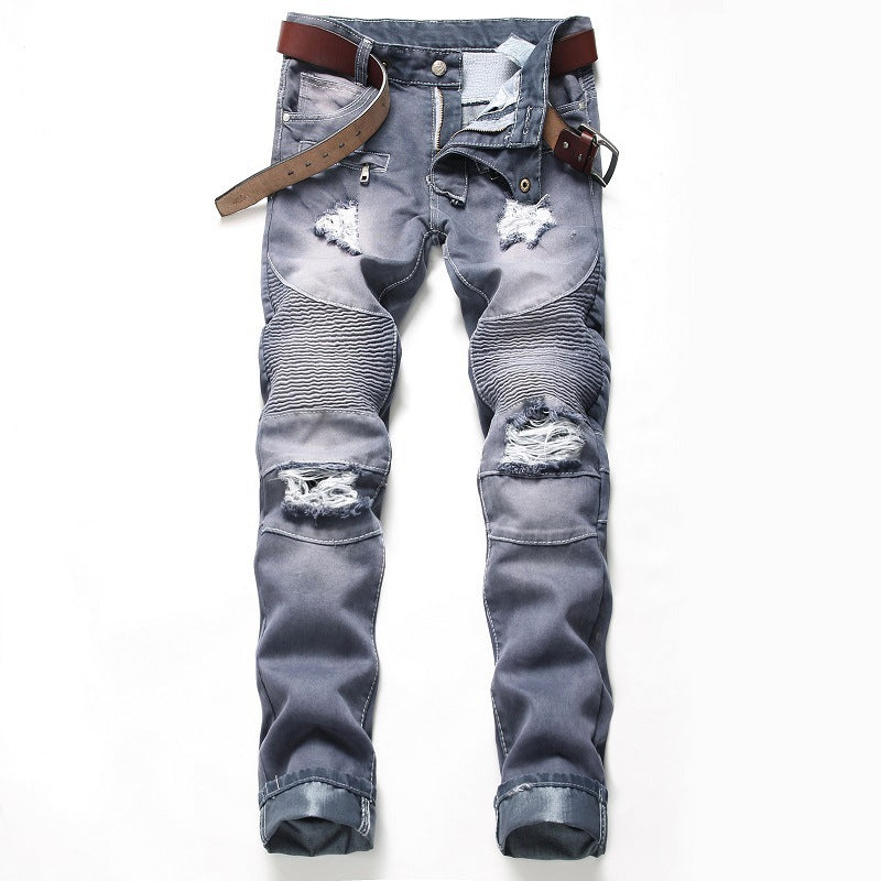 Nostalgic Ripped Motorcycle Jeans Straight Personality. Denim,ripped,Straight,Vintage