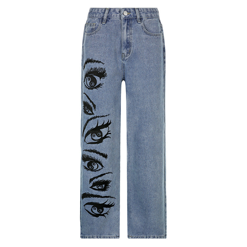 Fashion Personality Eye Print Blue Jeans Women. Jeans