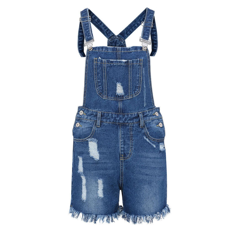 European And American Ripped Suspender Denim Hole Jumpsuit. Cotton,Denim,Jumpsuit