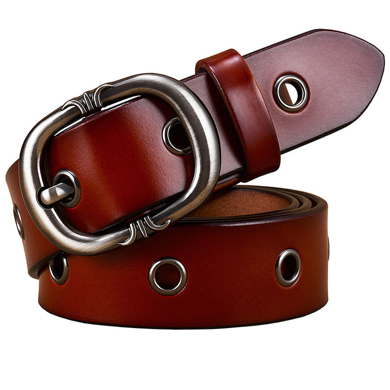 Ladies Leather Belt - Fashion Two-Layer Cowhide Alloy Pin Buckle Belt. Belt,Cowhide,Leather