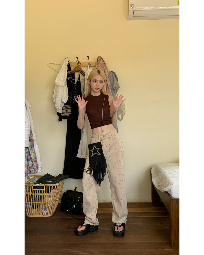 Refreshing Retro Small Floral Casual Loose Fitting Straight Tube Light Colored High Waisted Jeans For Women