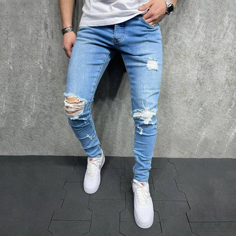 Men's Small Feet European And American Frayed Casual Slim Jeans. Denim,Distressed,Jeans,Slim,Small Feet