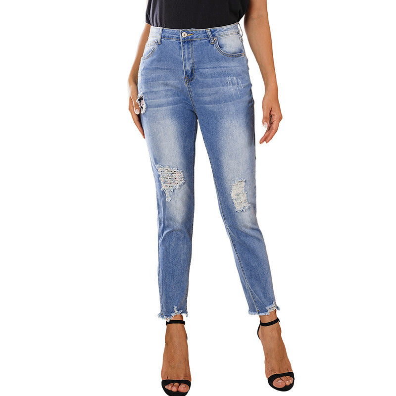 Fashion Sexy Ripped Raw Edge High Waist Ladies Cropped Jeans.