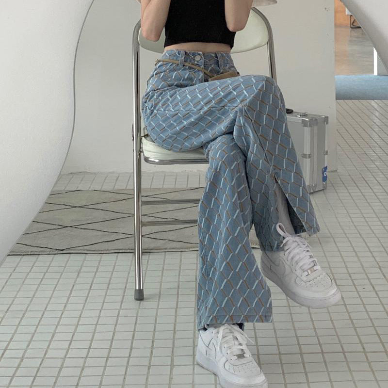 Retro Hong Kong Style High Waist Thin Wide Leg Pants Ladies Jeans.