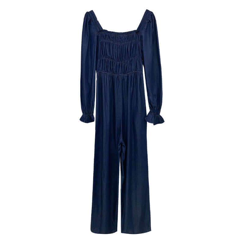 Women's Design Smocked Square Neck Denim Jumpsuit. Cotton,Denim,Jumpsuit