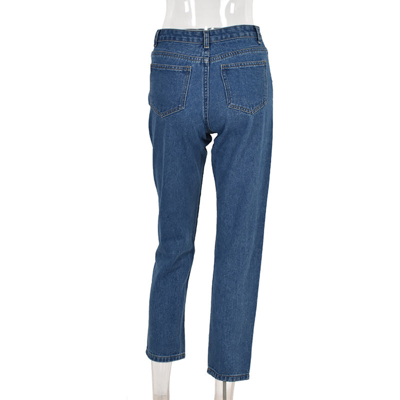 Women's New High-Waist Washed Blue Long Jeans.