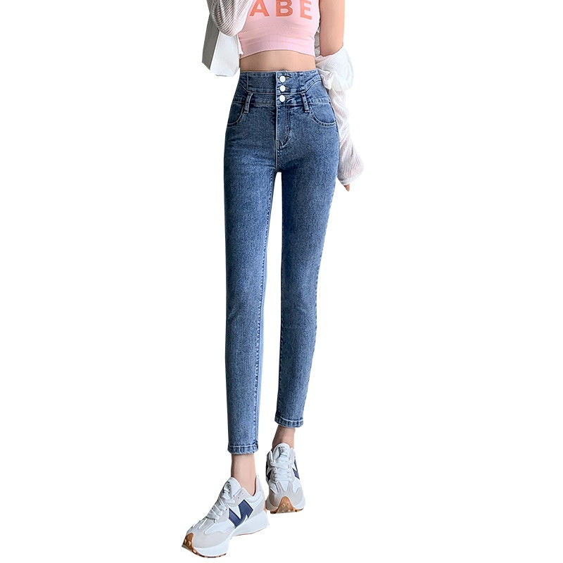 Women's Fashion Temperament High Waist Fleece Padded Jeans.