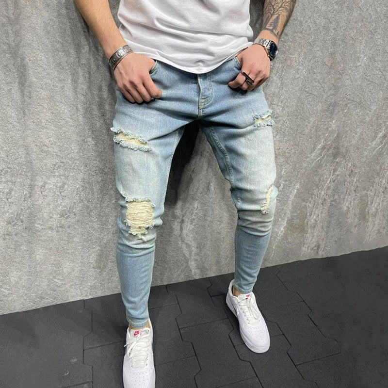 Men's Small Feet European And American Frayed Casual Slim Jeans. Denim,Distressed,Jeans,Slim,Small Feet