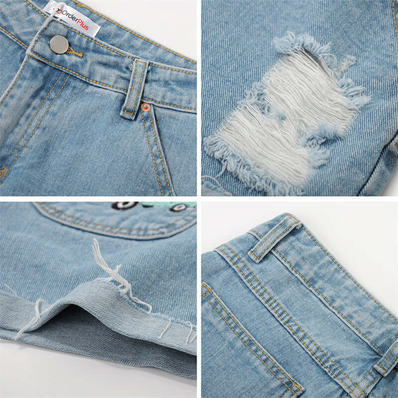 Casual Temperament Denim Rotten Edge High Waist Washed Denim Shorts. Cotton,Denim,Shorts