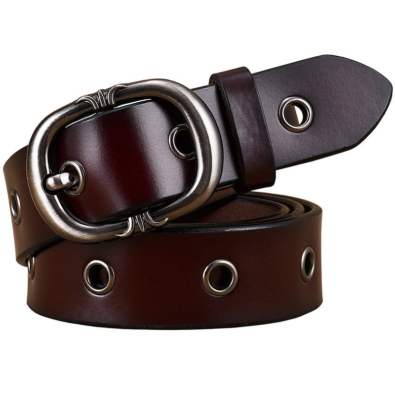 Ladies Leather Belt - Fashion Two-Layer Cowhide Alloy Pin Buckle Belt. Belt,Cowhide,Leather