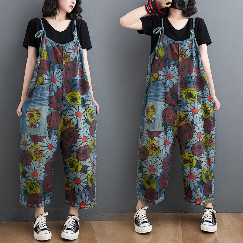 Korean New Literary Style Jeans Printed Suspenders Women.