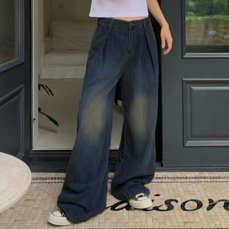 Washed Loose-Fit Simple High Waist Wide Leg Retro Blue Jeans.