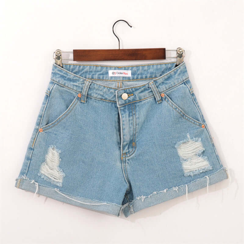 Casual Temperament Denim Rotten Edge High Waist Washed Denim Shorts. Cotton,Denim,Shorts