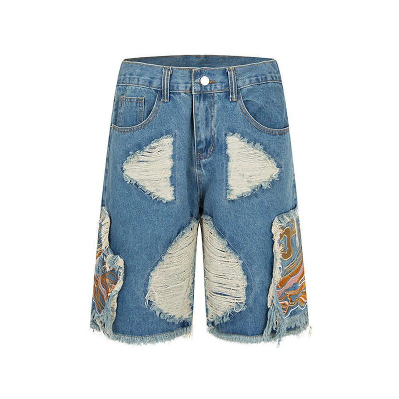 Mens Heavy-duty Ripped Embroidered Denim Shorts.