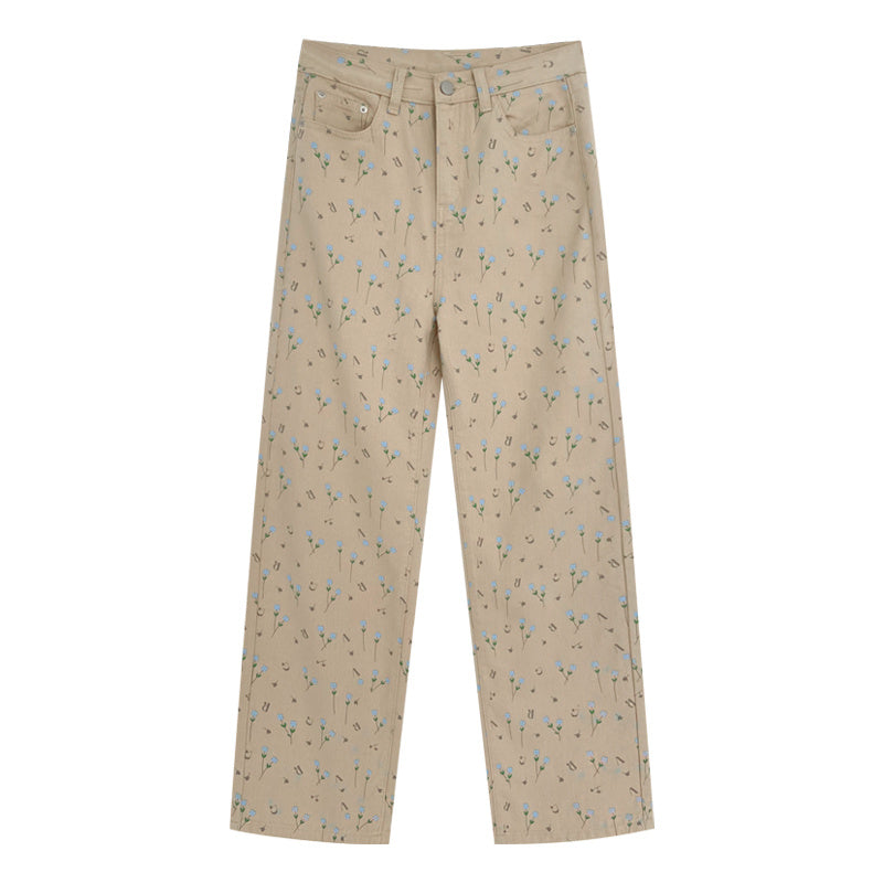 Refreshing Retro Small Floral Casual Loose Fitting Straight Tube Light Colored High Waisted Jeans For Women