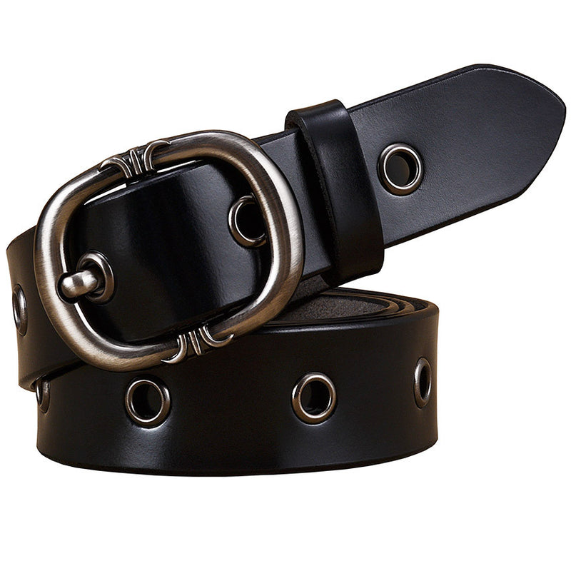 Ladies Leather Belt - Fashion Two-Layer Cowhide Alloy Pin Buckle Belt. Belt,Cowhide,Leather