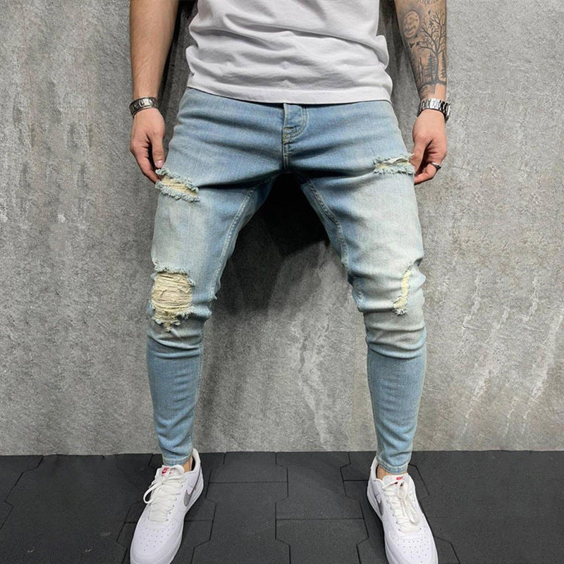 Men's Small Feet European And American Frayed Casual Slim Jeans. Denim,Distressed,Jeans,Slim,Small Feet