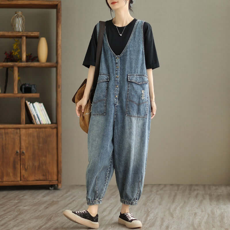 Denim Tank Top Jumpsuit Female. Cotton,Denim,Jumpsuit