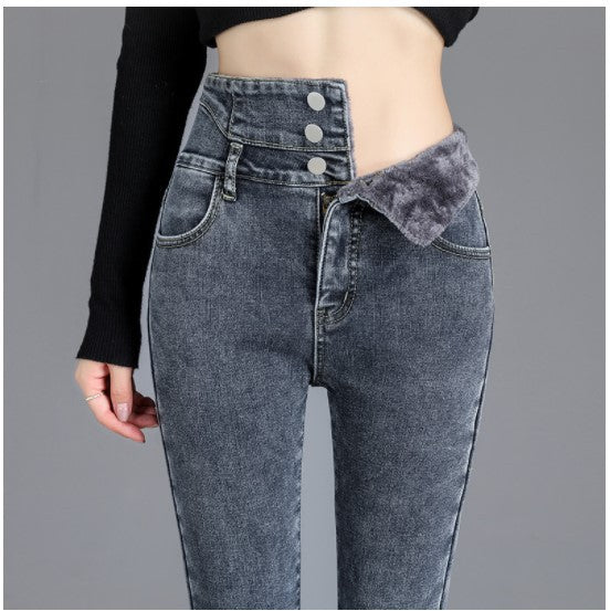 Women's High Waist Jeans Trendy Plush Fleece. Cotton,Denim,Fleece,Lined