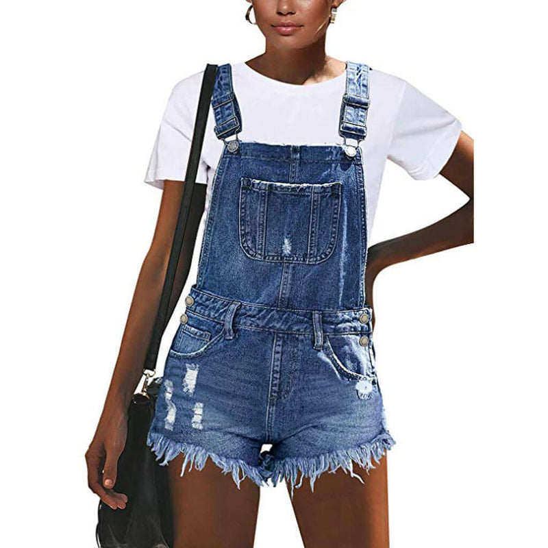 European And American Ripped Suspender Denim Hole Jumpsuit. Cotton,Denim,Jumpsuit